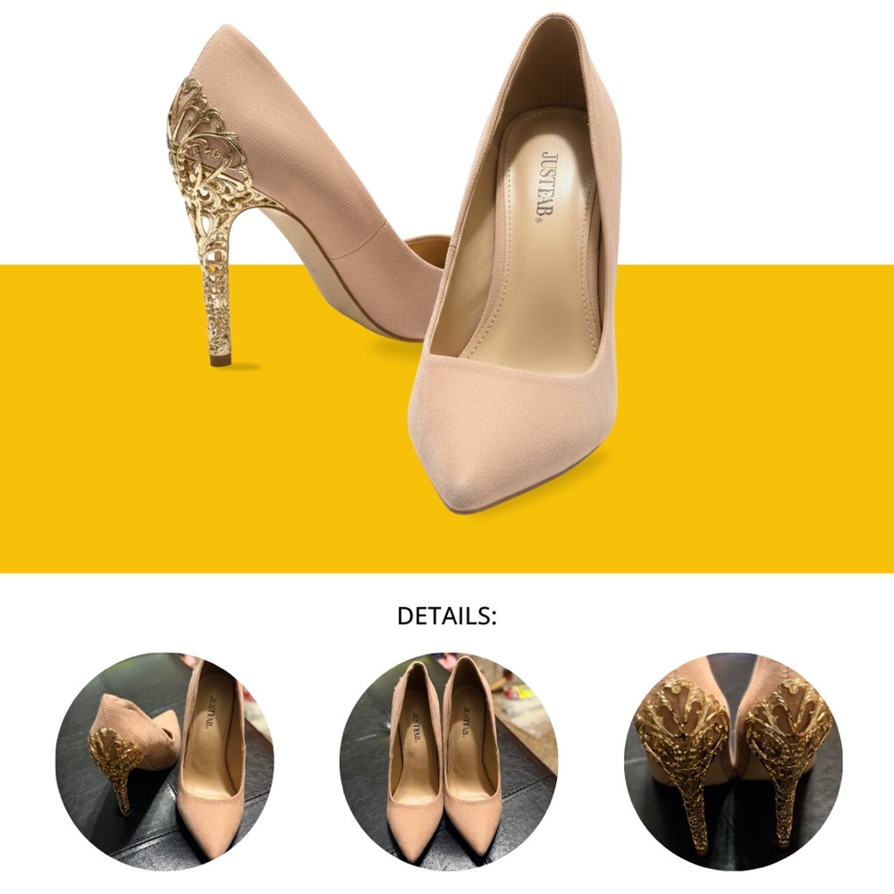 JustFab Tulia Nude Pointed Toe Pumps • Gold Filigree Heel Detail • Beige